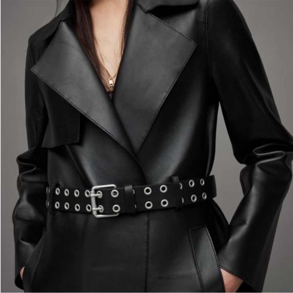 All Saints Farren Leather Belted Long Black Trench Coat Goth Grunge Moto 6 NEW - Picture 2 of 16